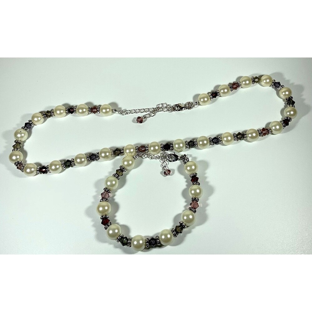 Vintage Premier Designs Necklace & Bracelet Faux Pearls Purple Crystals Beaded